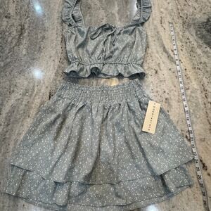 NWT Paper Crane Small 2-Piece Set Crop Top Tiered Skirt Smokey Blue